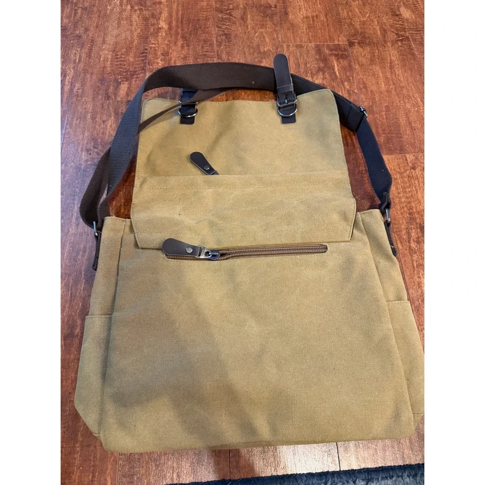 Khaki Tan Canvas Messenger Bag Laptop Satchel Shoulder Crossbody Travel Bag